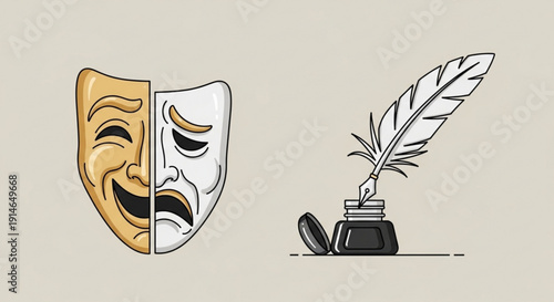 Theatrical comedy and tragedy masks with quill pen and inkwell on beige background symbolizing drama and writing