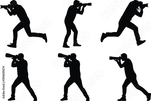Dynamic silhouettes of a photographer in action, kneeling, crouching, and standing while holding a camera with a large lens.