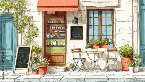 Charming Parisian Cafe Exterior with Outdoor Seating and Greenery