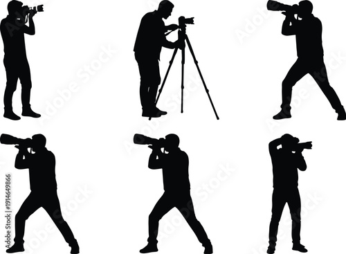 Collection of six black silhouette figures of male photographers capturing images with professional cameras and tripods.
