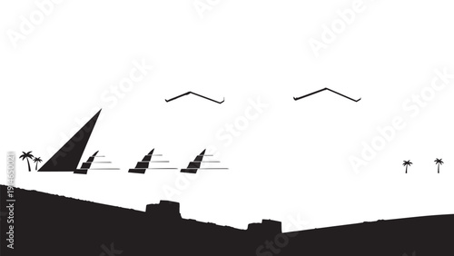 Silhouetted harbor skyline with sailing boats along a quiet shore at daybreak in a stark landscape.