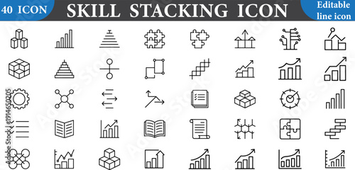 Skill stacking icon set with various business and education symbols isolated on white background for skill development