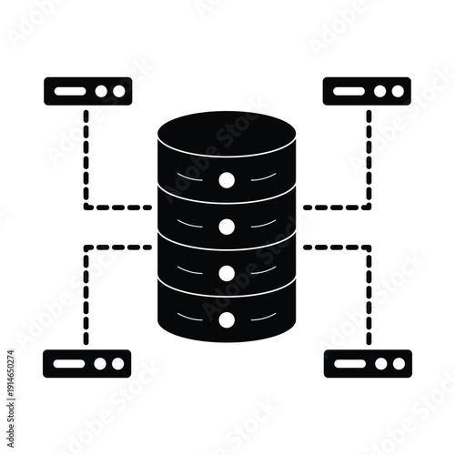 Distributed Database Network Architecture with Central Server and Multi Node Connectivity Solid Black Icon Vector Illustration.
