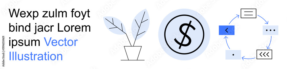 Obraz premium Business growth, finance, startup development, investment planning, workflow automation, economic processes. A dollar sign, plant and workflow icons. Business growth and finance