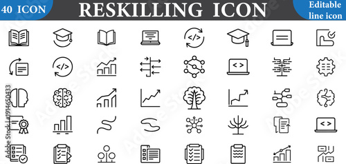 A set of black and white line icons representing reskilling concepts