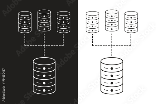 Database Server Distribution Hierarchy Outline Icon Set Flat Line Vector Illustration.