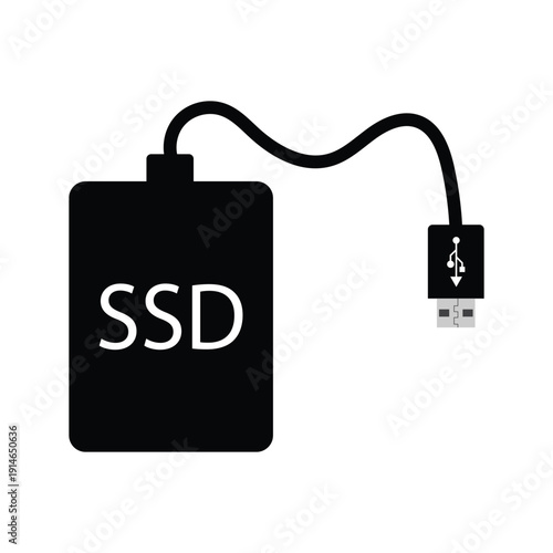 External SSD drive icon set with USB cable, flat vector line illustration for portable solid state storage and data backup hardware.