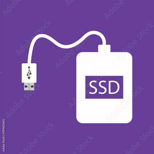 External SSD Solid State Drive USB Cable Portable Storage and Data Backup Flat Outline Glyph Icon Vector Illustration.