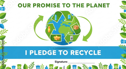 Eco friendly pledge certificate with recycling promise and green earth illustration signature section for environmental commitment