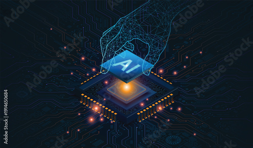 Advanced AI microchip processing unit on complex digital circuit board.A futuristic vector illustration of a robotic wireframe hand placing an AI processor onto a highly detailed motherboard.