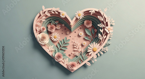 Intricately designed heart shape with colorful flowers and leaves on a soft green background symbolizing love and affection in a creative floral arrangement
