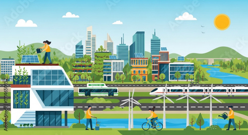 Eco friendly cityscape with green architecture renewable energy and sustainable transportation