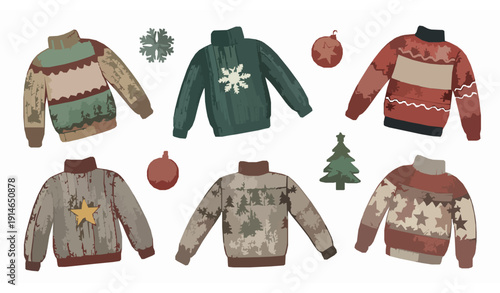 Christmas knitted sweaters vector set festive wool pullovers with ornaments hand drawn