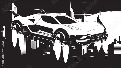 Monochrome high-speed concept car looming over a stylized urban skyline.