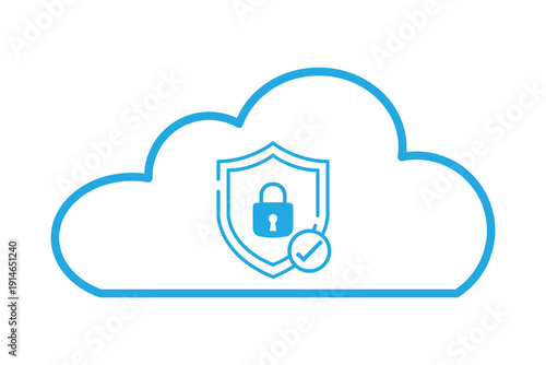 Cloud Security Icon with Padlock and Shield for Cybersecurity and Data Protection Flat Glyph Outline Vector Illustration.