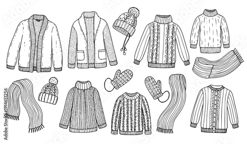 Hand-sketched cozy autumn clothing vector doodle set sweaters hats scarves mittens