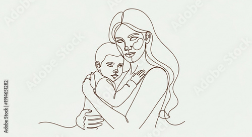 Mother tenderly hugging her baby warm and loving family moment affectionate embrace heartwarming scene minimalistic line art