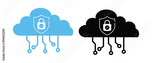 Cloud Security Shield Padlock Cybersecurity Data Protection Flat Glyph Outline Icon Set Vector