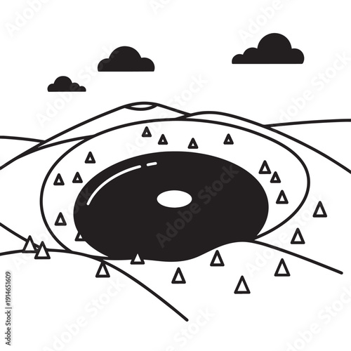 Abstract black and white landscape featuring a large circular crater surrounded by a ring and stylized hills.