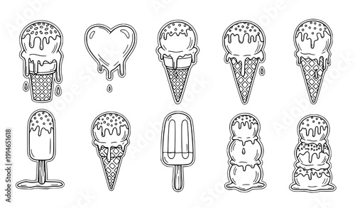 Ice cream doodle vector set melting cones heart shaped ice cream and ice lolly outline collection