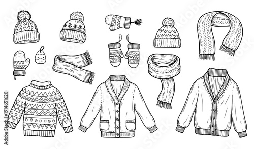 Cozy autumn clothing doodle vector set knitted hats scarves mittens sweaters hand drawn