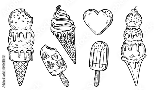 Ice cream outline doodle set frozen dessert vector icons melting scoops and heart ice cream