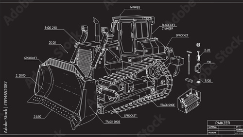 Detailed blueprint illustration of a bulldozer showing tracks, blade, and mechanical components for construction machinery.