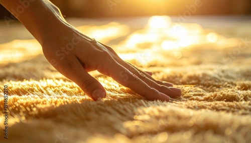 Wallpaper Mural Close Up Of A Hand Gently Touching A Soft Fluffy Beige Carpet With Warm Golden Sunlight Illuminating The Texture Torontodigital.ca