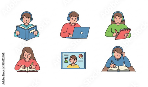 Self Study Student Icon Collection Cartoon Flat Vector Illustration