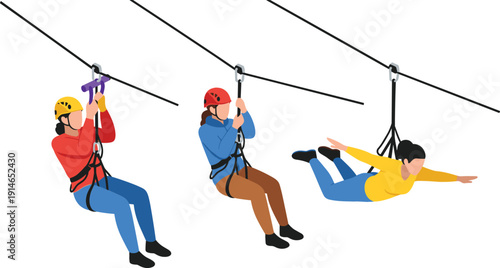 Zipline Adventure Illustration Set with People Riding Cable in Safety Harness for Outdoor Recreation, Extreme Sport, Travel, and Tourism Designs