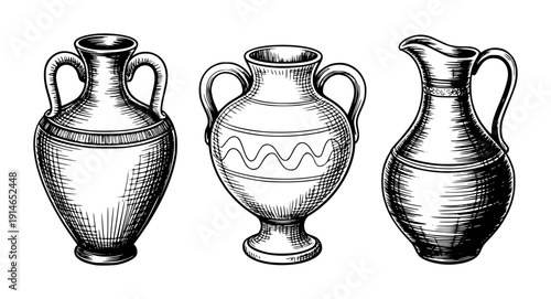 Ancient Greek Pottery Vessels Amphora Krater and Pitcher Hand Drawn