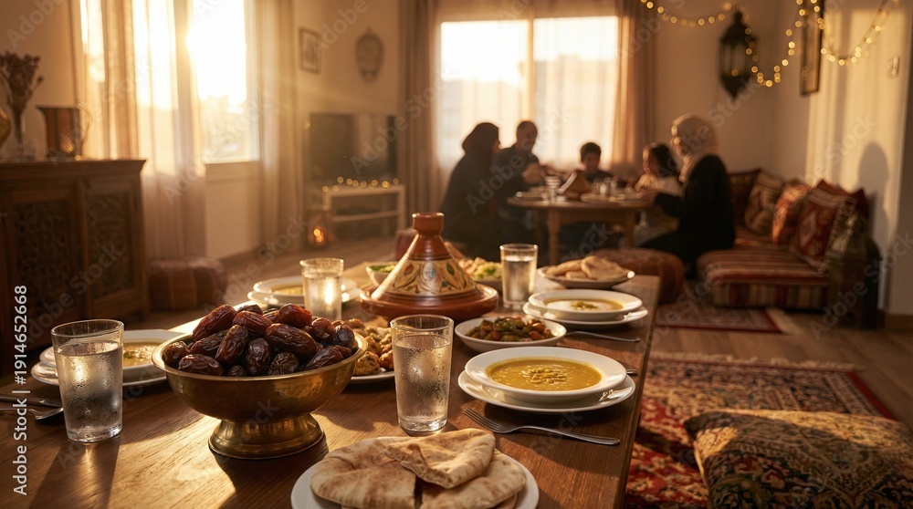 Fototapeta premium Muslim family of man, woman, and kids enjoying Iftar meal at home for Ramadan. Traditional food on table, celebration of holy month.