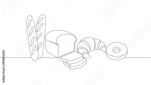 continuous line of various kinds of handmade bread. one line drawing of bread, baguettes, white bread, croissants, donuts. single line vector illustration. isolated white background. 