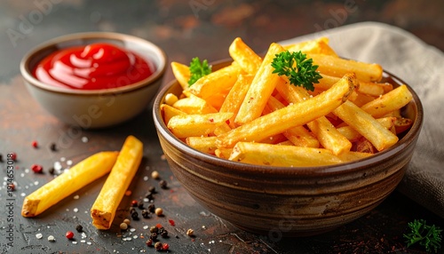 A portion of French fries with ketchup, in a bowl or dish, Generative AI, french fire 
