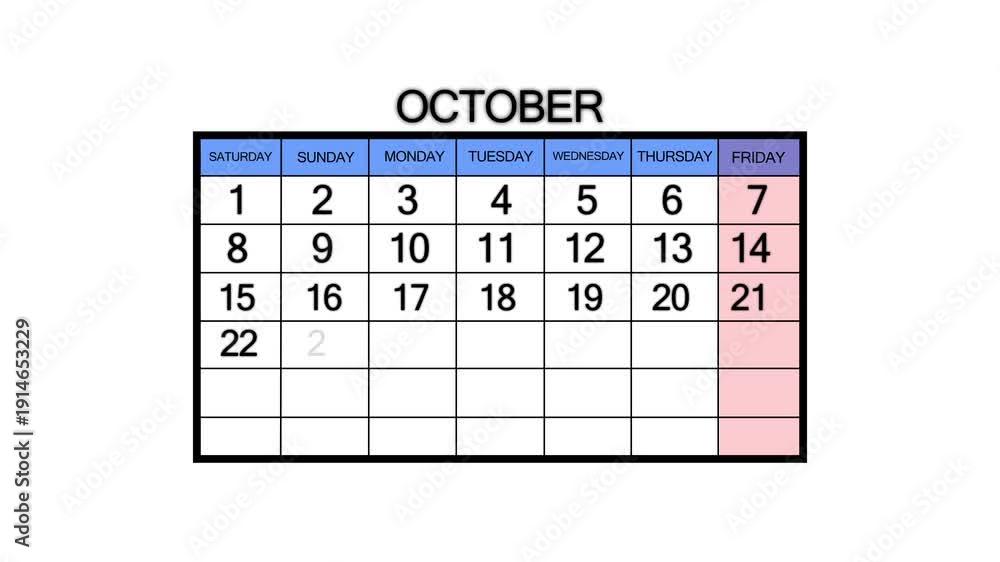 October monthly calendar grid with days of the week labeled and numbers ...
