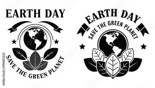 Earth day save the green planet emblem with globe and leaves