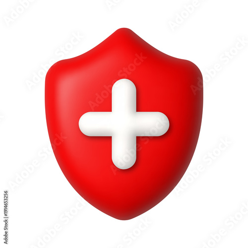 Cute Red 3D Shield with White Cross Medical Protection Icon Healthcare Symbol, isolated on transparent background, png