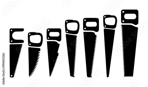 Collection of black hand saws of varying sizes and a white background tool woodworking