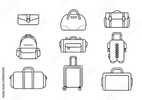 Collection of black outline travel bags and luggage white background suitcase backpack