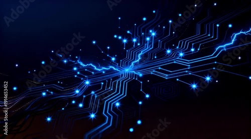 Abstract Glowing Blue Digital Circuit Lines with Electrical Sparks and Data Flow on a Dark Background. 4k slow motion