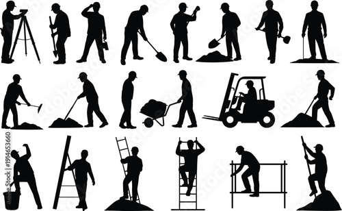 Construction workers silhouette set, industrial laborer building activity black vector illustration collection