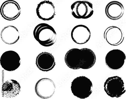 A collection of 16 black and white circular shapes with varying levels of opacity and texture