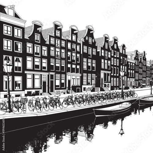 Black and white canal cityscape featuring Dutch row houses, bicycles, and boats along the water.