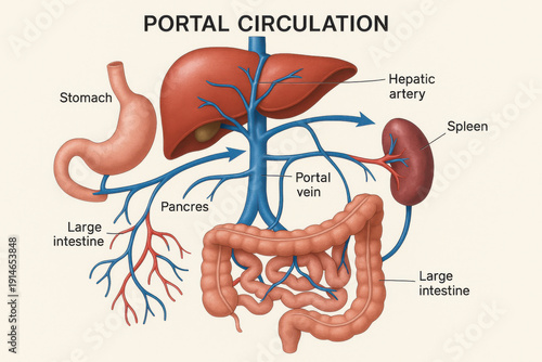 Portal circulation diagram liver portal vein anatomy digestive organ medical illustration blood vessel educational infographic