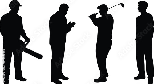 Men activity silhouette set, worker golfer lifestyle black vector illustration collection