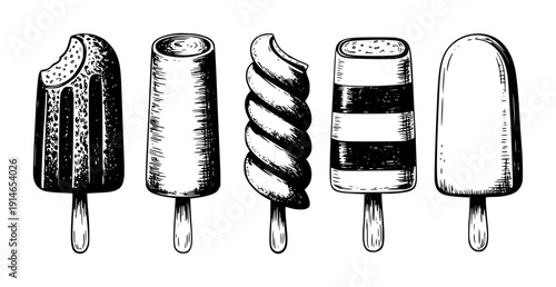 Hand Drawn Collection of Different Ice Cream Popsicle Treats White Background frozen