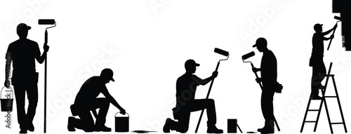 House painter worker silhouette set, home renovation painting black vector illustration collection