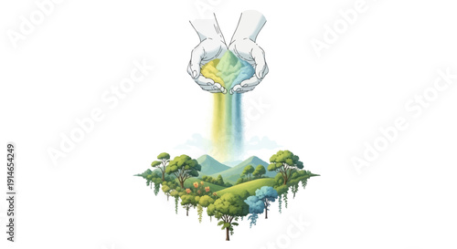 Illustration of a vibrant, colorful globe with hands cradling it, surrounded by lush greenery and flowers, symbolizing eco sustainability and Holi Festival of Colors, against a clean white