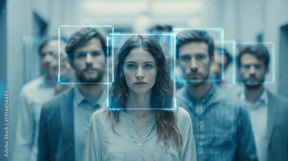 Obraz premium close-up of diverse candidates in line for facial recognition scanning, biometric security id verification of professional group in modern corporate hallway