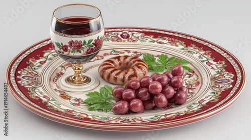 Elegant Platter With Grilled Sausage Grapes Parsley And Wine Glass On White Background